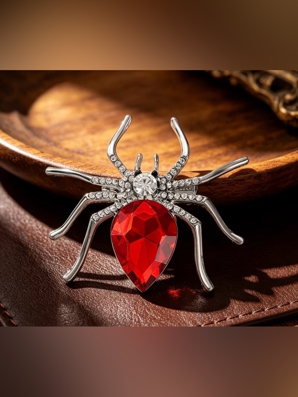 Silver Spider Brooch with Red Crystal Accent and Rhinestones